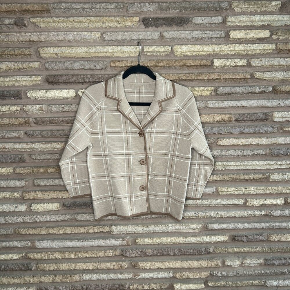 Vintage 50s Tan Cardigan Sweater Boxy Wool Double Knit Windowpane Plaid Size 10 - Picture 6 of 7